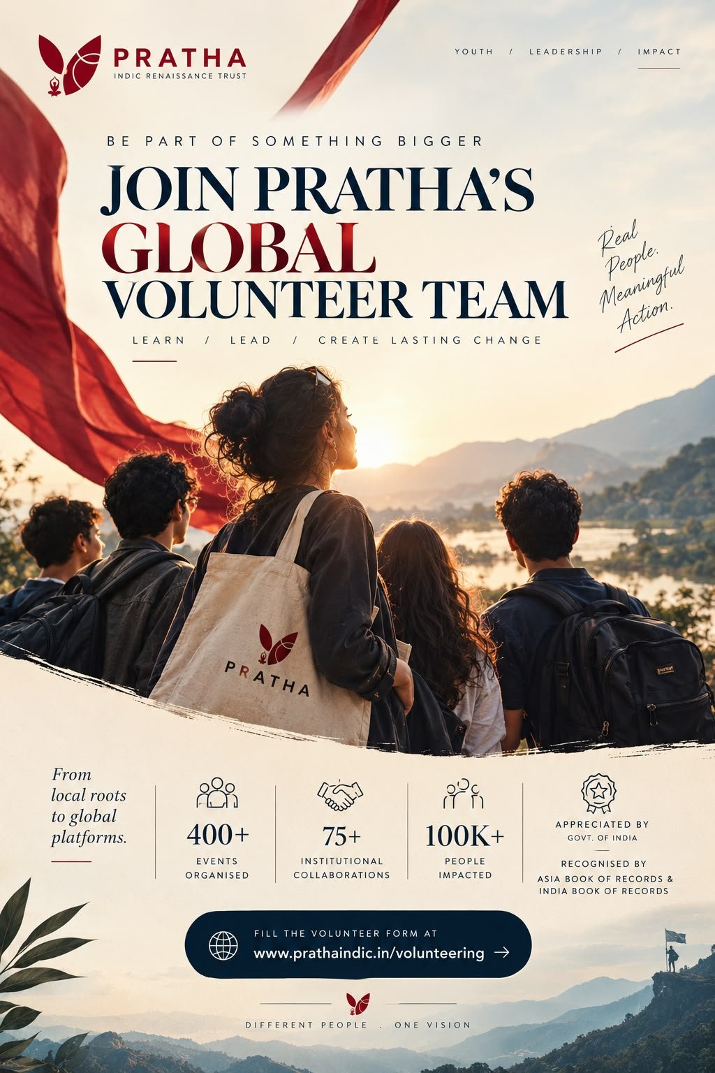Poster: Join Pratha’s Global Volunteer Team. Fill the volunteer form at www.prathaindic.in/volunteering